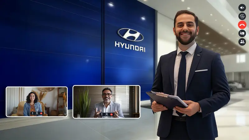 Conseiller Hyundai en showroom, en rendez-vous vidéo avec des clients